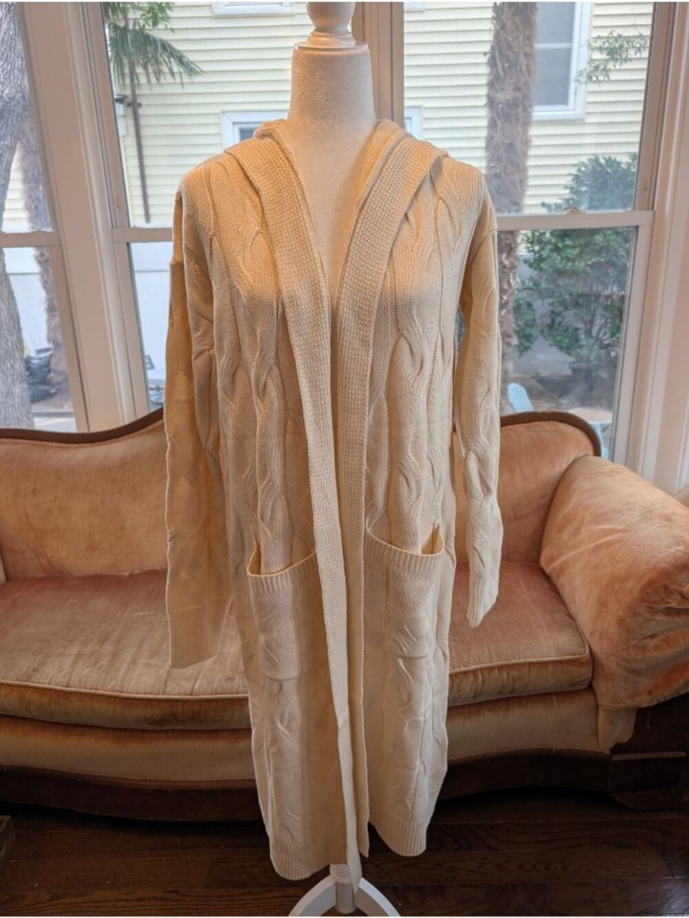 Women's Cream-colored Hooded Cable-knit Duster Size XL Lagenlook Loungewear